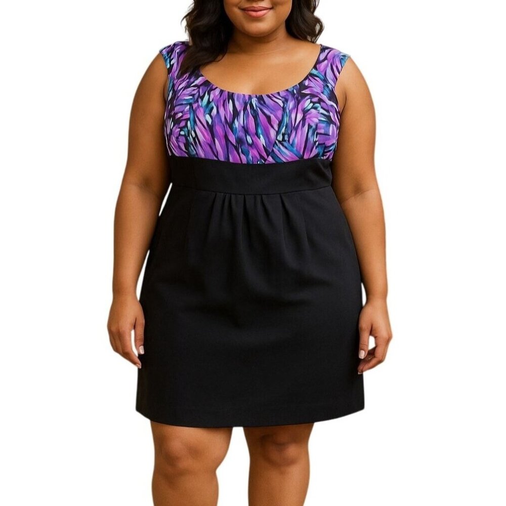 Perceptions New York Size 12 Dress Black Skirt Multicolor Print Cap Sleeves Back